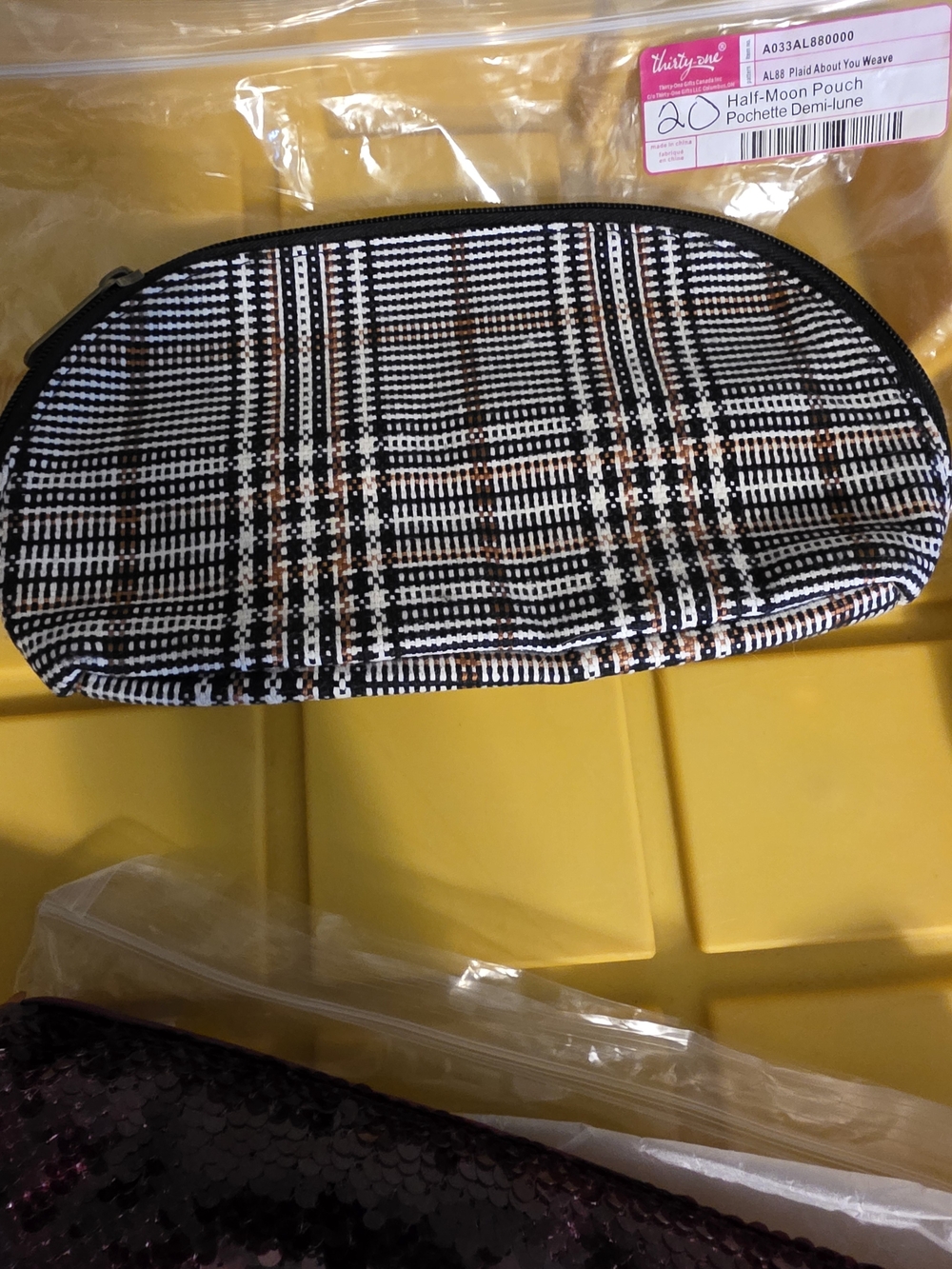 thirty-one Half-Moon Plaid Pouch in Black, White & Brown